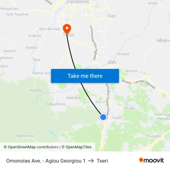 Omonoia Ave. - St. George 1 to Tseri map