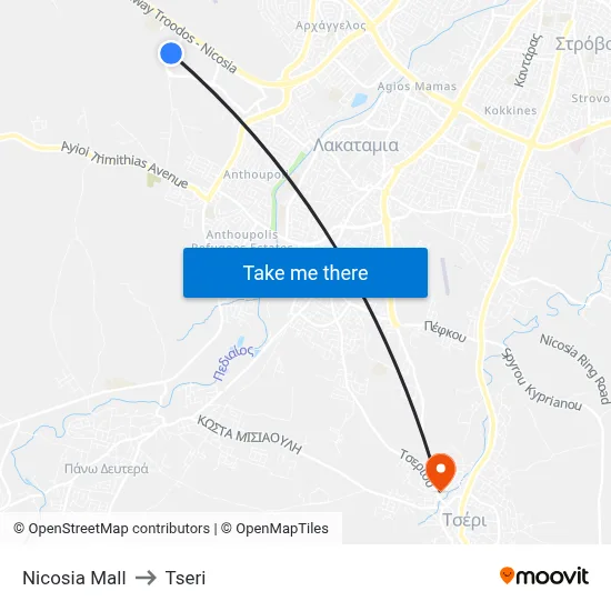 Nicosia Mall to Tseri map