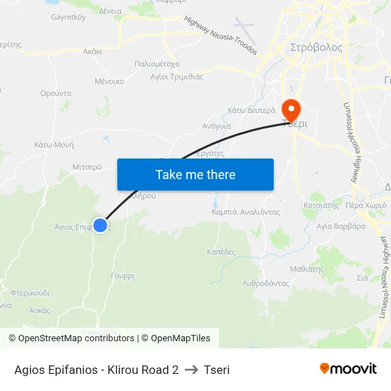 Agios Epifanios - Klirou Road 2 to Tseri map