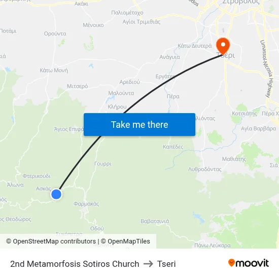 2nd Metamorfosis Sotiros Church to Tseri map
