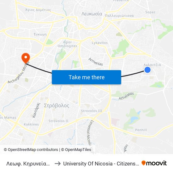 Λεωφ. Κηρυνείας - Βαβυλά to University Of Nicosia - Citizens Free University map