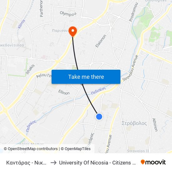 Καντάρας - Νικοκλέους to University Of Nicosia - Citizens Free University map