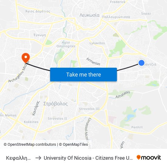 Κεφαλληνίας to University Of Nicosia - Citizens Free University map