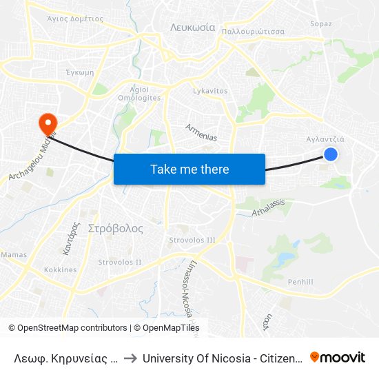 Λεωφ. Κηρυνείας - Κυθραίας to University Of Nicosia - Citizens Free University map