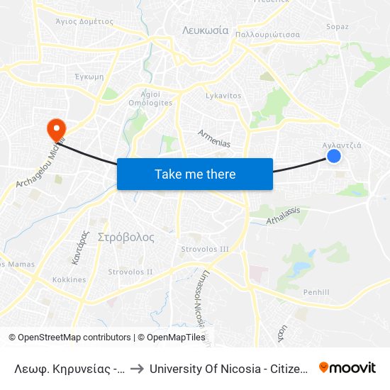 Λεωφ. Κηρυνείας - Επιδαύρου to University Of Nicosia - Citizens Free University map