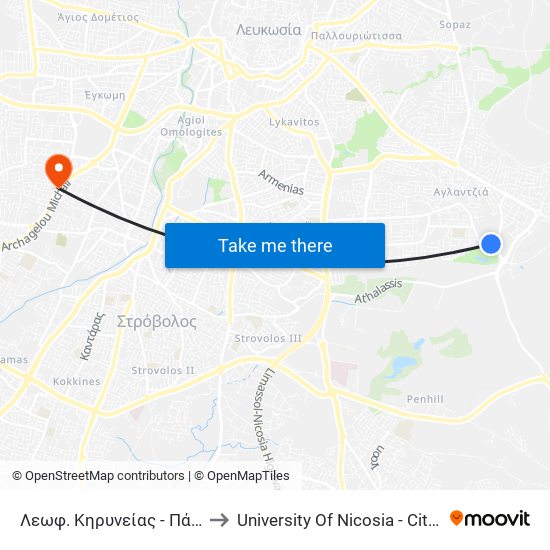 Λεωφ. Κηρυνείας - Πάρκο Αθαλάσσας 2 to University Of Nicosia - Citizens Free University map