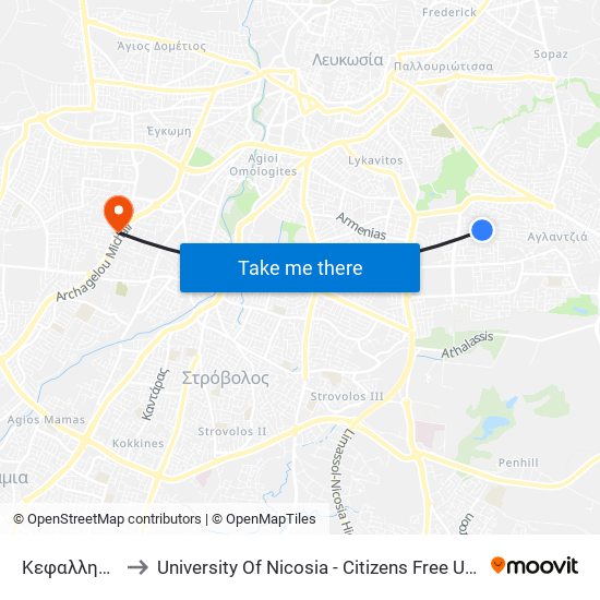Κεφαλληνίας to University Of Nicosia - Citizens Free University map