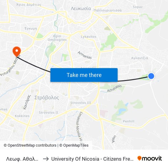 Λεωφ. Αθαλάσσης to University Of Nicosia - Citizens Free University map