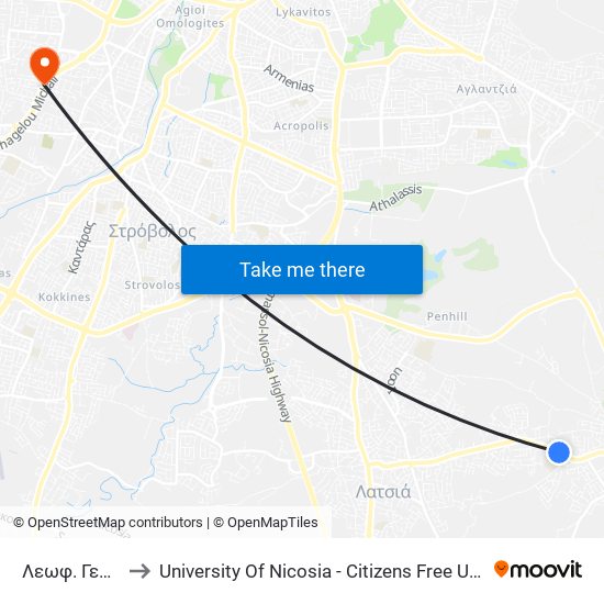 Λεωφ. Γερίου to University Of Nicosia - Citizens Free University map