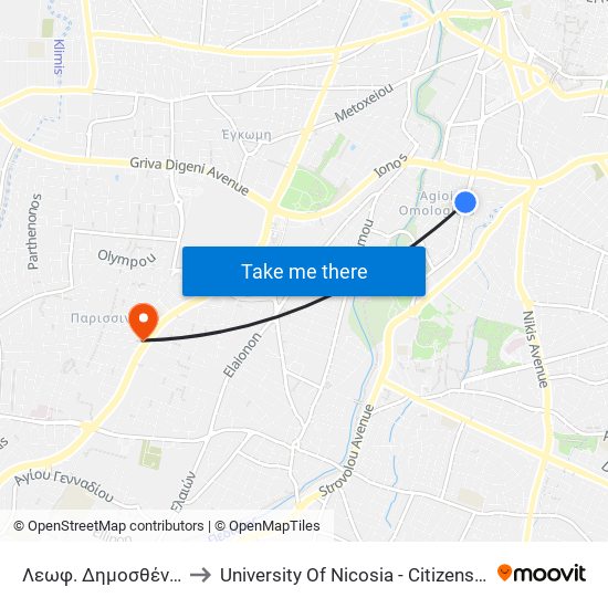 Λεωφ. Δημοσθένη Σεβέρη to University Of Nicosia - Citizens Free University map