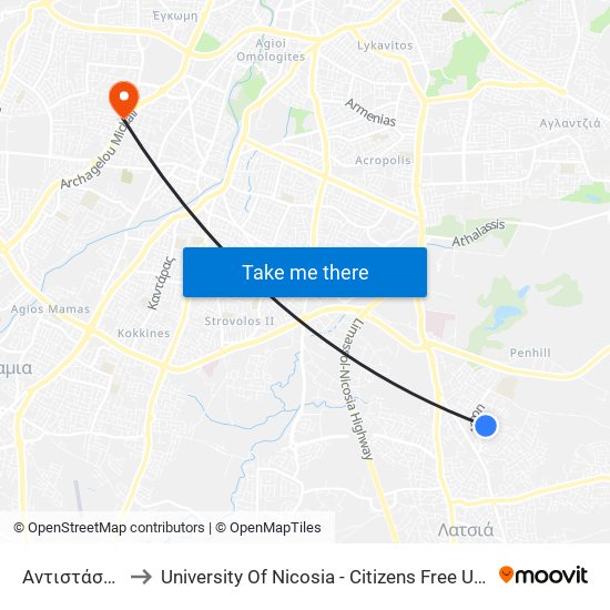 Αντιστάσεως to University Of Nicosia - Citizens Free University map