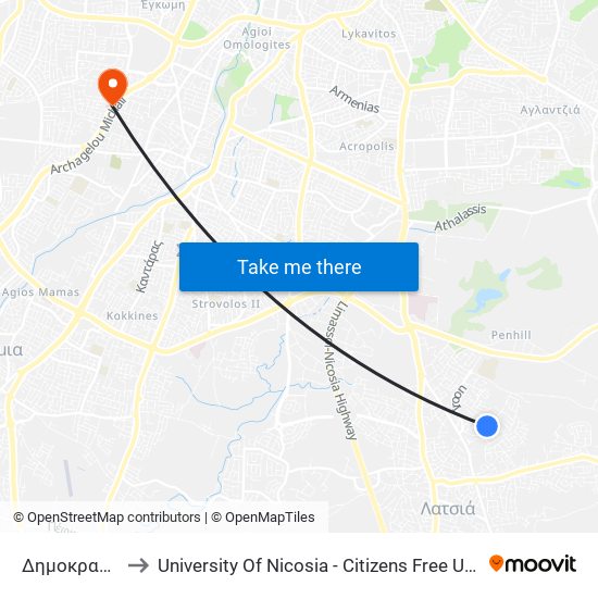 Δημοκρατίας to University Of Nicosia - Citizens Free University map
