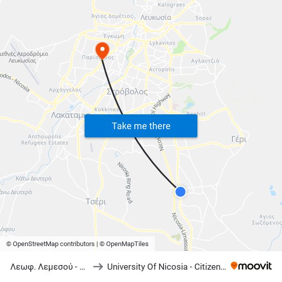 Λεωφ. Λεμεσού - Κρανιδιώτη to University Of Nicosia - Citizens Free University map