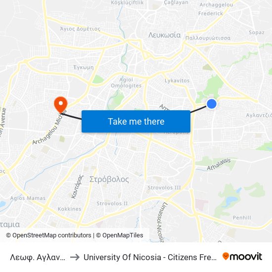 Λεωφ. Αγλαντζιάς to University Of Nicosia - Citizens Free University map