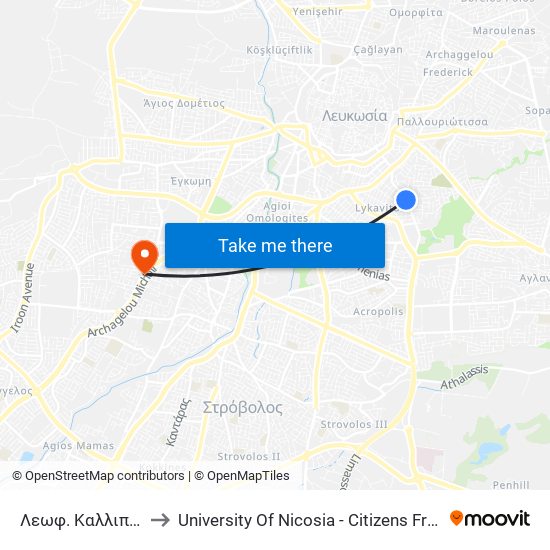 Λεωφ. Καλλιπόλεως to University Of Nicosia - Citizens Free University map