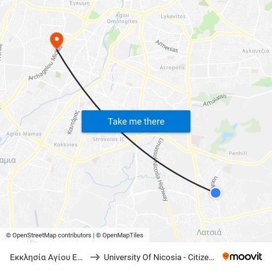 Εκκλησία Αγίου Ελευθερίου 2 to University Of Nicosia - Citizens Free University map