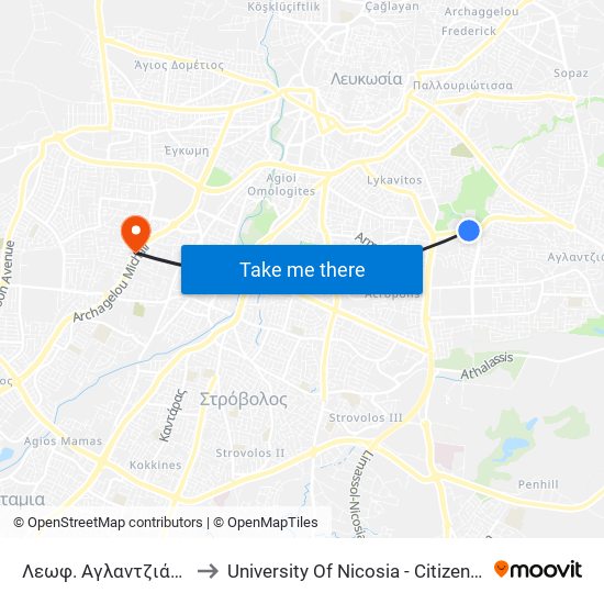 Λεωφ. Αγλαντζιάς to University Of Nicosia - Citizens Free University map