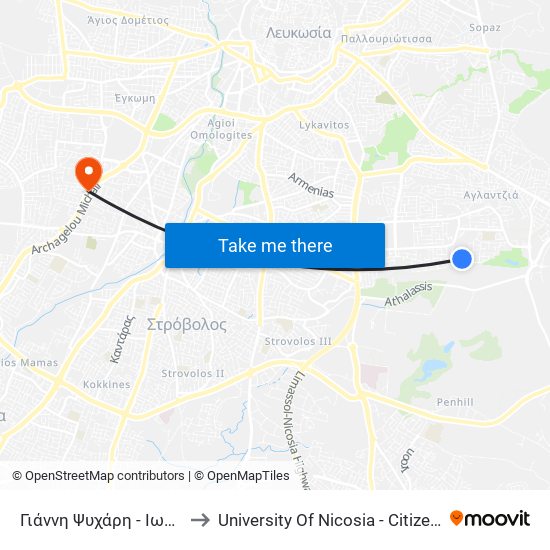 Γιάννη Ψυχάρη to University Of Nicosia - Citizens Free University map