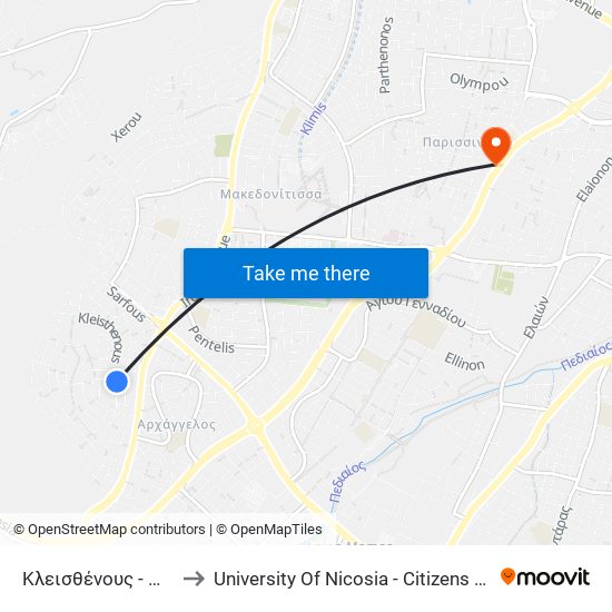 Κλεισθένους - Μύρωνος to University Of Nicosia - Citizens Free University map