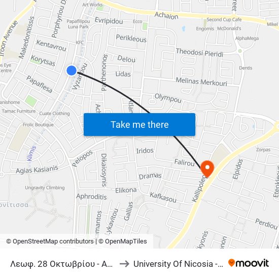 Λεωφ. 28 Οκτωβρίου - Αυτοκράτορος Ιουστινιανού to University Of Nicosia - Citizens Free University map