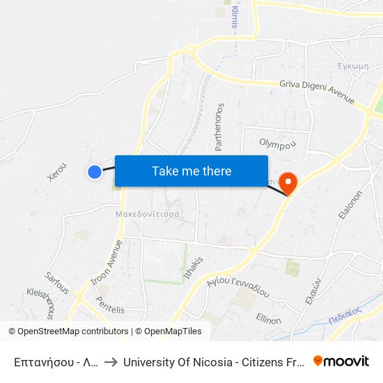 Επτανήσου - Λέσβου to University Of Nicosia - Citizens Free University map