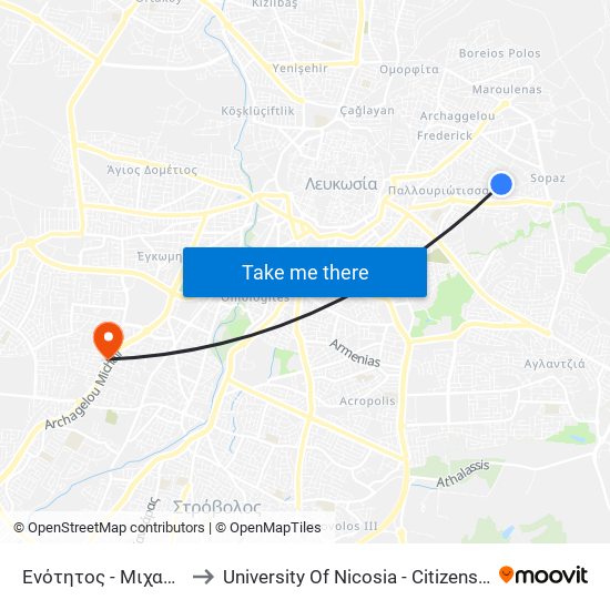 Ενότητος - Μιχαήλ Παρίδη to University Of Nicosia - Citizens Free University map