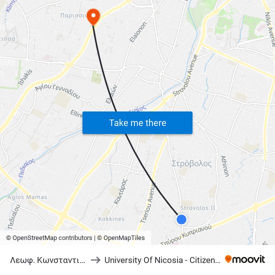 Λεωφ. Κωνσταντινουπόλεως to University Of Nicosia - Citizens Free University map