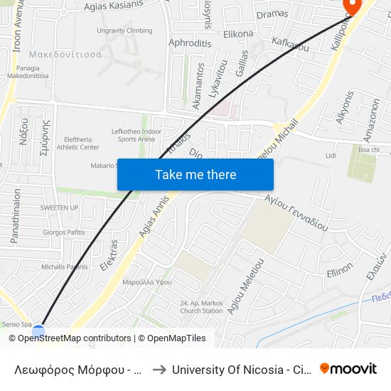 Λεωφόρος Μόρφου - Αρχαγγέλου Μιχαήλ to University Of Nicosia - Citizens Free University map