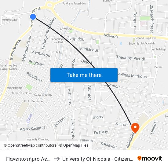 Πανεπιστήμιο Λευκωσίας 1 to University Of Nicosia - Citizens Free University map