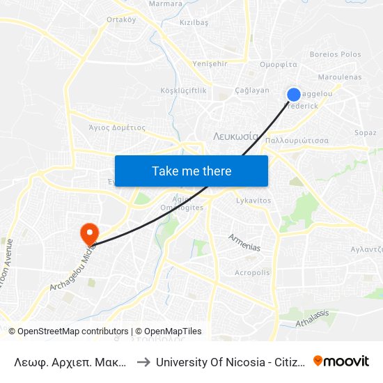 Λεωφ. Αρχιεπ. Μακαρίου Γ - Τήνου to University Of Nicosia - Citizens Free University map