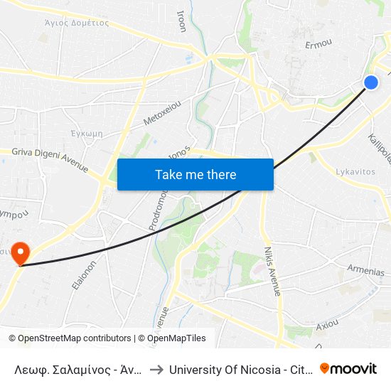 Λεωφ. Σαλαμίνος - Άνοιγμα Κολοκάση 2 to University Of Nicosia - Citizens Free University map