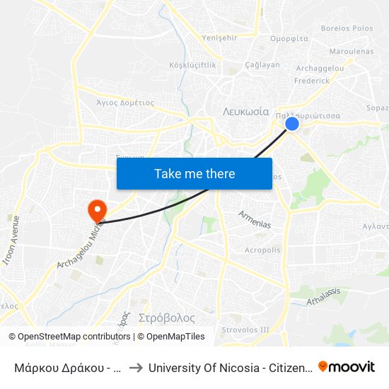 Μάρκου Δράκου - Αριστείδου to University Of Nicosia - Citizens Free University map