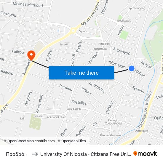 Προδρόμου to University Of Nicosia - Citizens Free University map