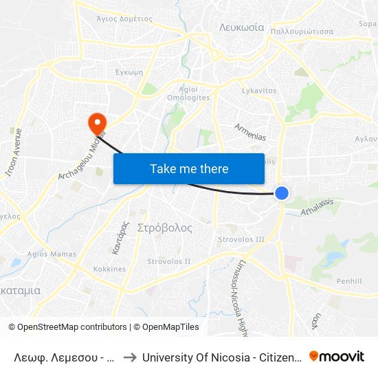 Λεωφ. Λεμεσου - Καλησπέρα to University Of Nicosia - Citizens Free University map