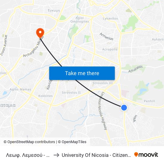 Λεωφ. Λεμεσού - Αθαλάσσης to University Of Nicosia - Citizens Free University map