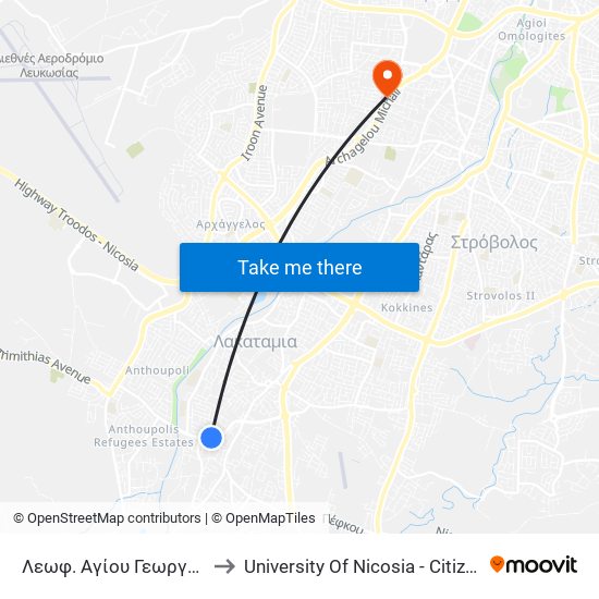 Λεωφ. Αγίου Γεωργίου - Αλαμάνας to University Of Nicosia - Citizens Free University map