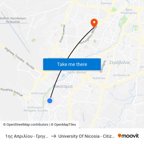 1 Απριλίου to University Of Nicosia - Citizens Free University map