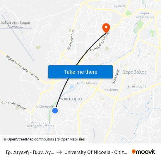 Γρ. Διγενή - Γυμν. Αγίου Γεωργίου to University Of Nicosia - Citizens Free University map
