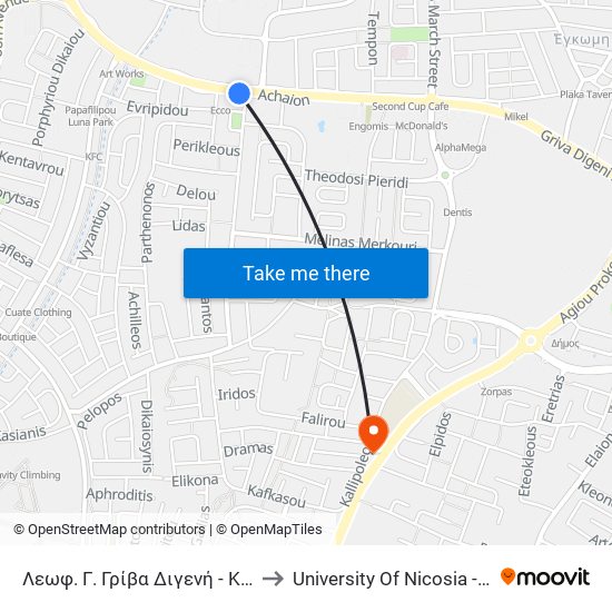 Λεωφ. Γ. Γρίβα Διγενή - Κυπρ. Ομοσπ. Ποδοσφαίρου to University Of Nicosia - Citizens Free University map