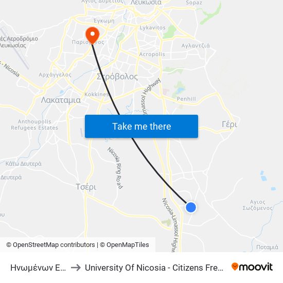 Ηνωμένων Εθνών to University Of Nicosia - Citizens Free University map