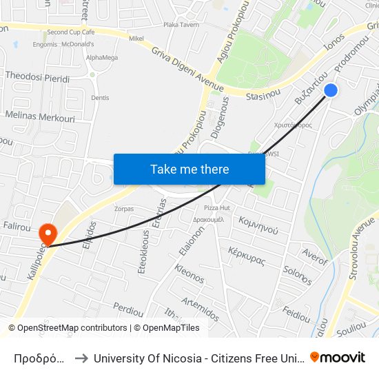 Προδρόμου to University Of Nicosia - Citizens Free University map