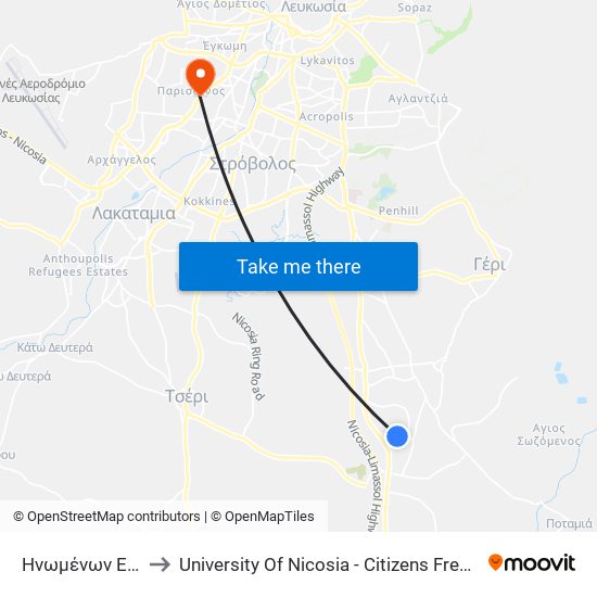 Ηνωμένων Εθνών to University Of Nicosia - Citizens Free University map