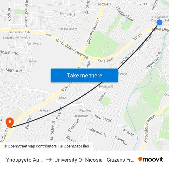 Προδρόμου to University Of Nicosia - Citizens Free University map