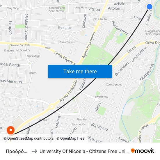 Προδρόμου to University Of Nicosia - Citizens Free University map