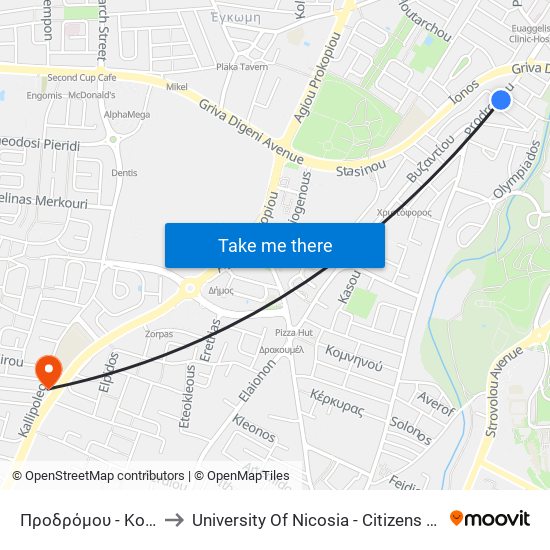 Προδρόμου to University Of Nicosia - Citizens Free University map