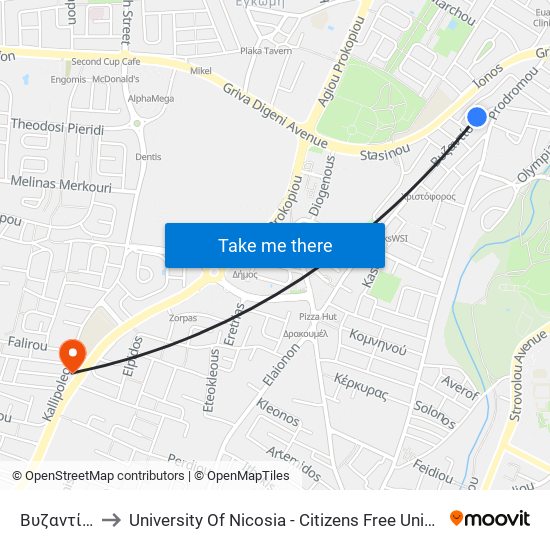 Βυζαντίου to University Of Nicosia - Citizens Free University map