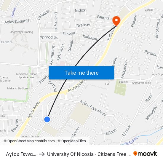 Αγίου Γενναδίου to University Of Nicosia - Citizens Free University map