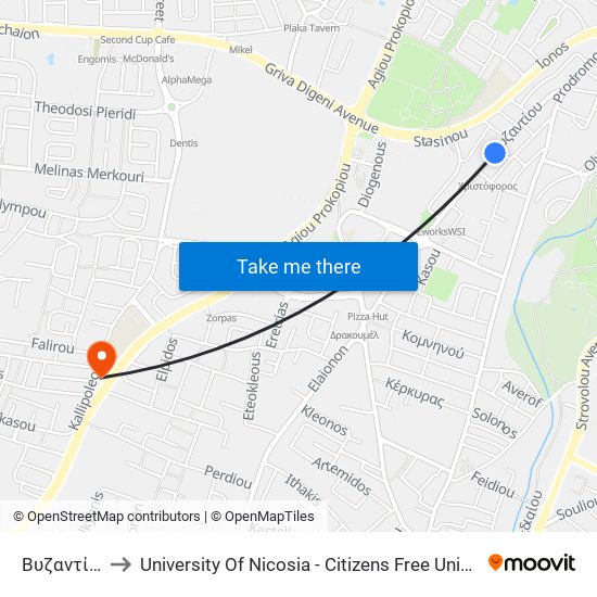 Βυζαντίου to University Of Nicosia - Citizens Free University map