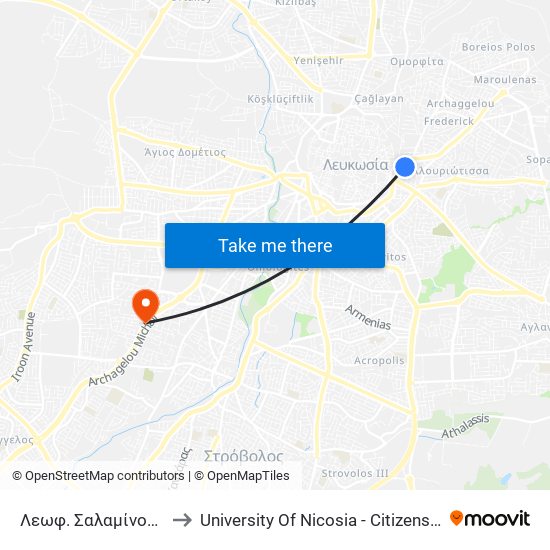 Λεωφ. Σαλαμίνος - Αιγέως to University Of Nicosia - Citizens Free University map