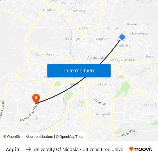 Λαρίσης to University Of Nicosia - Citizens Free University map